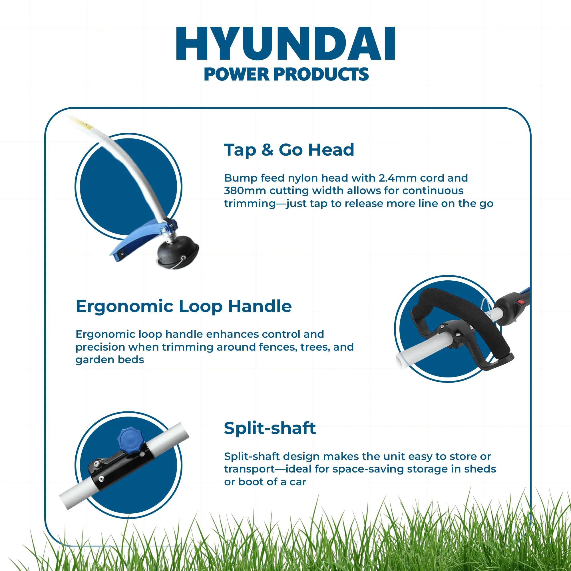 Hyundai 26cc Petrol Grass Trimmer – Lightweight 2-Stroke Line Trimmer with Tap & Go Head (HYTR2600X) - Image 3
