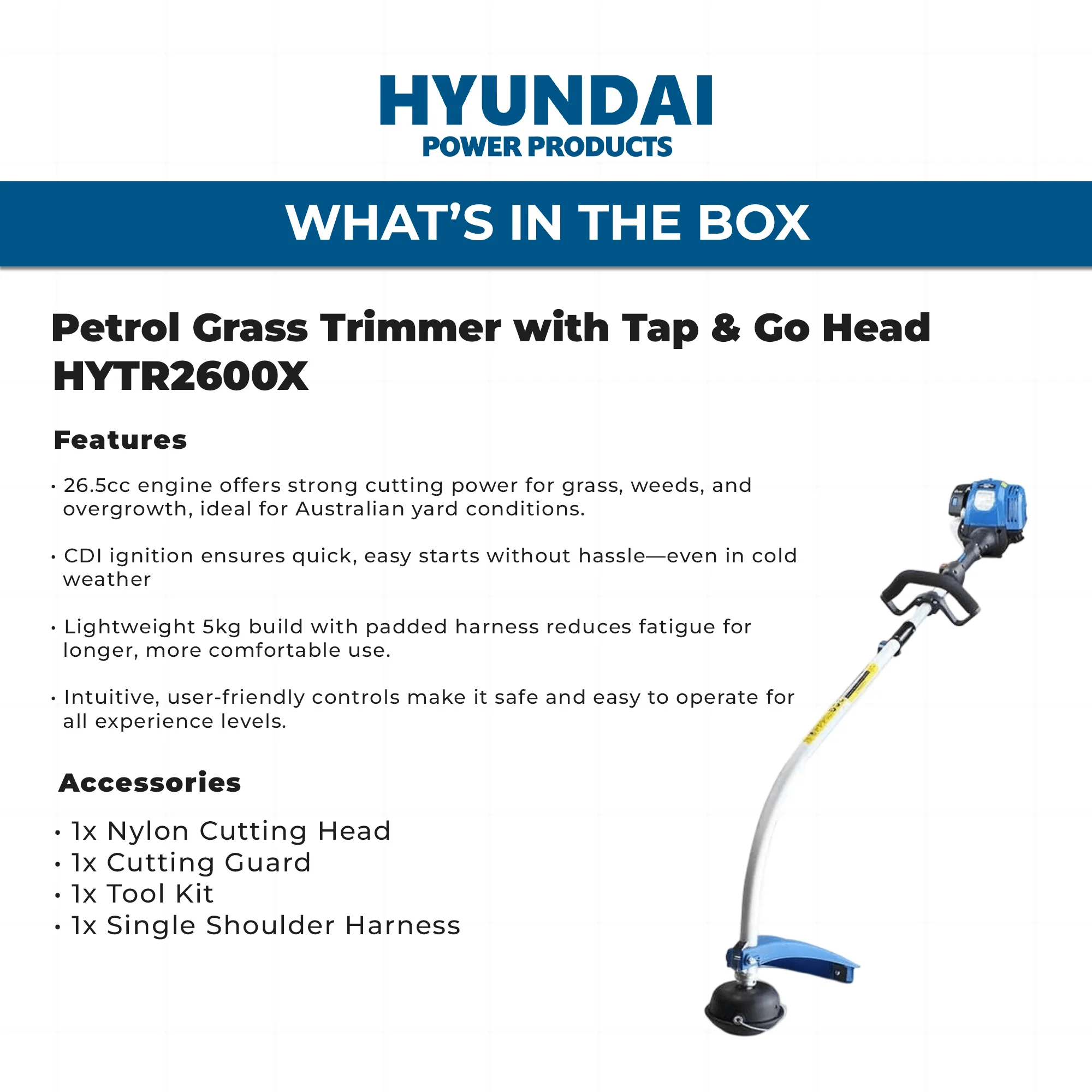Hyundai 26cc Petrol Grass Trimmer – Lightweight 2-Stroke Line Trimmer with Tap & Go Head (HYTR2600X) - Image 4