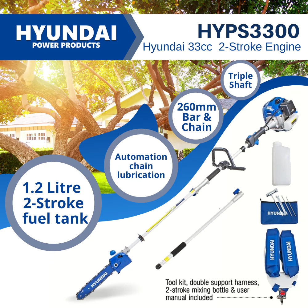 Hyundai 33cc Petrol Pole Chainsaw – 10" Bar, Easy Start, Triple Shaft, 2-Stroke Engine (HYPS3300) - Image 3